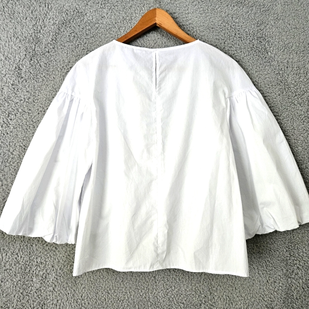 Zara White Cotton Blouse XS Balloon Puff Sleeve Summer Relaxed Boho Top - Picture 4 of 14